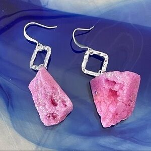 2/$29 Handmade NWT Pink Raw Geode Sparkle Earrings 2” Y2K 90s 80s Neon Bold